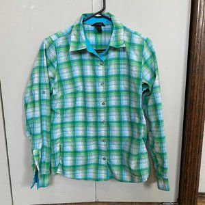 Marmot Shirt Women Medium Green Plaid Lightweight Outdoor Nylon Zip Pocket Logo